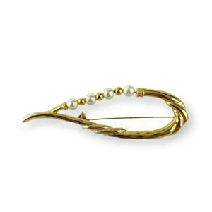 Faux Pearl Bead Brooch Pin Long Twisted Design VTG Gold Tone Metal
